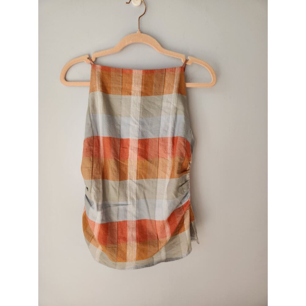 NWT Madewell Ruched Squareneck Tank in Linen-Cotton Blue/Orange 6 - Picture 7 of 13
